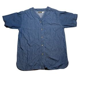 Vintage American Rave Womens Size L Button Up Blue Denim Shirt Short Sleeve